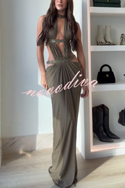 Khaki Hot-fix Rhinestone Shoulder Strap Cutout Design Backless Drape Maxi Dress