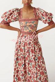 Floral Print Square Neck Puff Sleeve Tie Top and Elegant Casual Maxi Skirt Set
