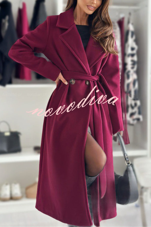 Solid Color Lapel Long Sleeve Waist Tie Long Coat