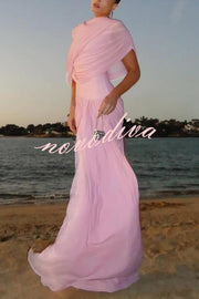 Elegant Mesh Cape-style Pleated Draped Maxi Dress