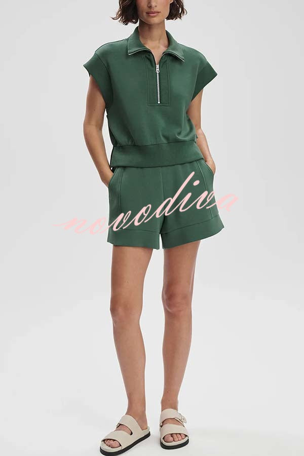 Buttery Touch Half-Zip Short Sleeve Sweatshirt and Elastic Waist Pocket Casual Shorts Set