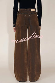 Taylor Denim Mid Rise Detachable Belt Flocked Pocket Wide Leg Jeans