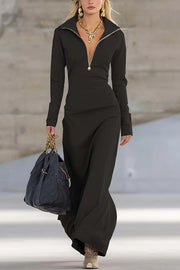 Solid Color Long-sleeved Lapel Zipper Casual Maxi Dress