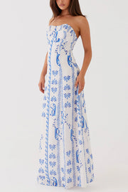 Freya Linen Blend Floral Wave Print Ruched Bust Strapless Maxi Dress