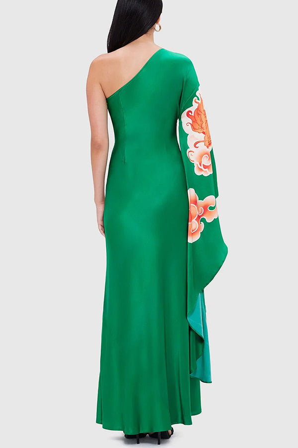 Elegance and Grace Satin Dragon Print One Shoulder Drape Sleeve Maxi Dress