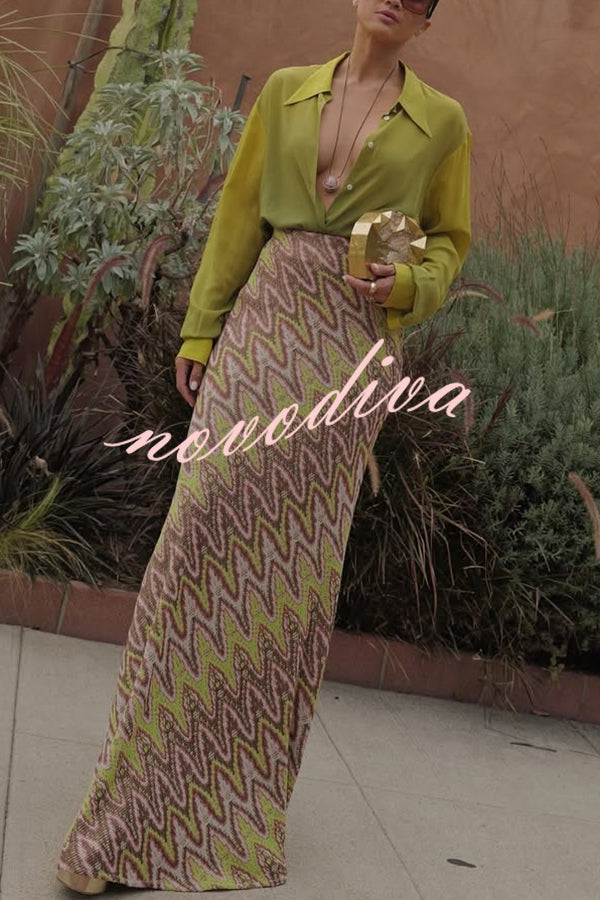 Moonlit Waltz Knit Jacquard Zigzag Print High Rise Stretch Flare Maxi Skirt