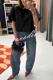 Fashionable Rhinestone Mid-rise Loose Pocket Straight Jeans