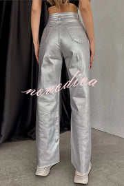 Stylish Metallic Fabric Pocket Casual Straight Wide-Leg Pants