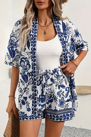 Unique Print Vacation Short-sleeved Cardigan Top and Elastic Waist Pocket Shorts Set