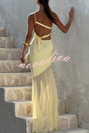 Fable Satin One Shoulder Back Adjustable Straps Contrast Chiffon Hem Maxi Dress