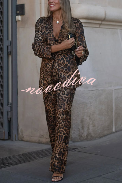 Chic View Leopard Print Tie-up Waist Lapel Blazer and Elastic Waist Loose Pants Set