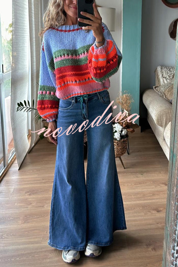 Rainbow Mood Multicolor Round Neck Hollow Long Sleeve Knitted Sweater