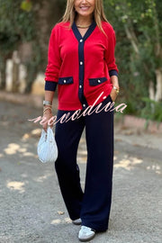 Stylish Color-blocked V-neck Knitted Button-down Cardigan and Elastic Waist Casual Wide-leg Pants Set