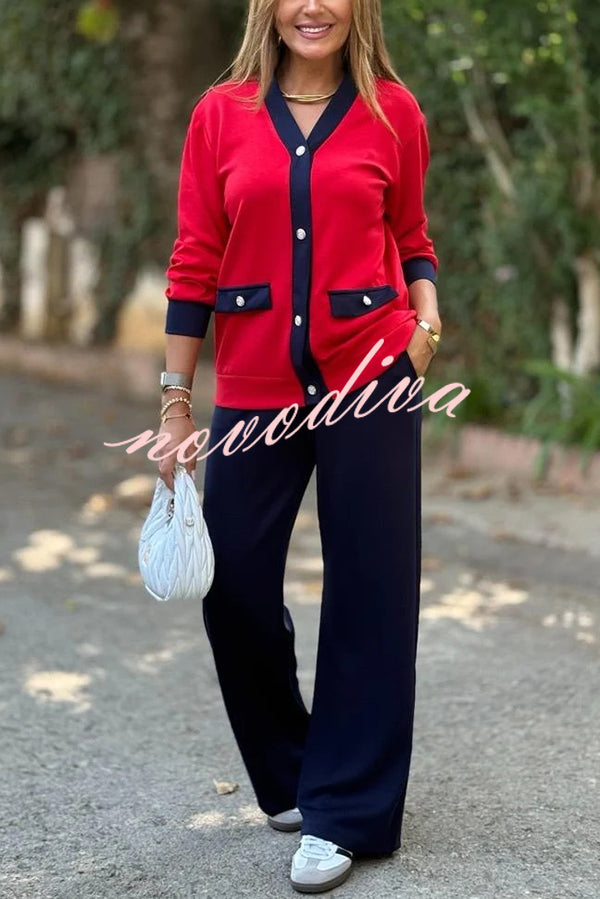 Stylish Color-blocked V-neck Knitted Button-down Cardigan and Elastic Waist Casual Wide-leg Pants Set