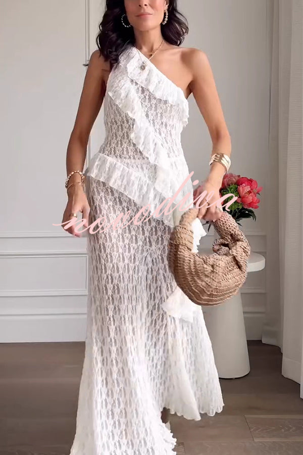 Solid Color Lace One Shoulder Ruffled Slim Fit Top