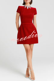 Regan Luxurious Velvet Jewel-encrusted Turtleneck Short Sleeve Pocket Tulip Mini Dress
