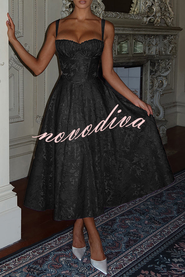 Palace Style Jacquard Fabric Backless Tie Slim Midi Dress