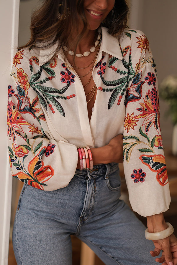Botanical Print Loose Lapel Long Sleeve Casual Shirt