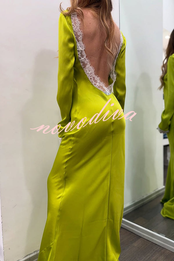 Mystic Moment Satin Lace Trim Long Sleeve Backless Maxi Dress
