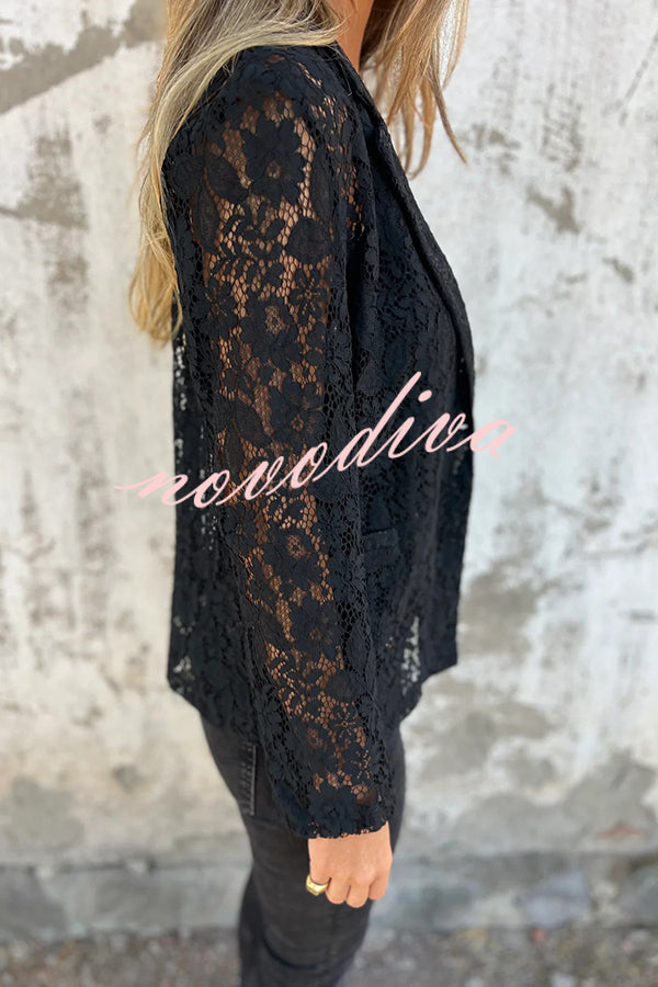 Fashion Lapel Long Sleeve Pocket Elegant Lace Jacket