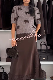 Jensin Knit Satin Bow Detail Short Sleeve Crop Sweater