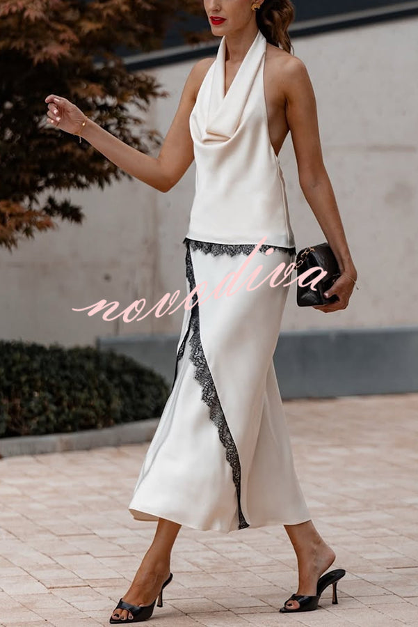 Iriena Satin Lace Trim Cowl Halter Neck Tank and Mid Rise Midi Skirt Set