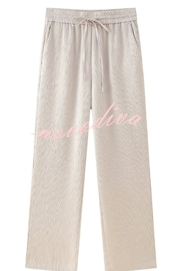 Fashionable Pleated Elastic Waist Tie Casual Pocket Wide-leg Pants