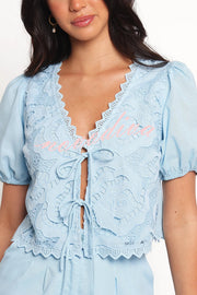 Fashionable V-neck Tie Puff Sleeve Top and Casual Pocket Shorts Set