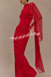 Fashionable Mesh Shawl Sleeveless Slim Fit Pleated Maxi Dress