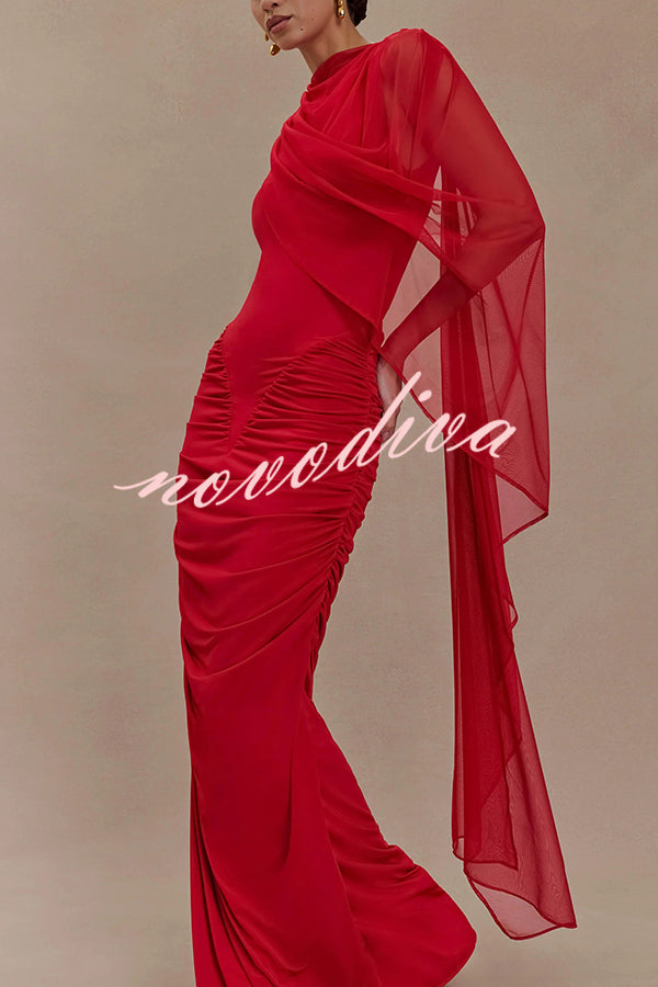 Fashionable Mesh Shawl Sleeveless Slim Fit Pleated Maxi Dress