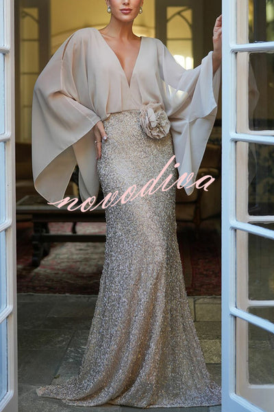 Aleina Chiffon Batwing Sleeve Flower Embroidered Waist Sequin Fabric Maxi Dress