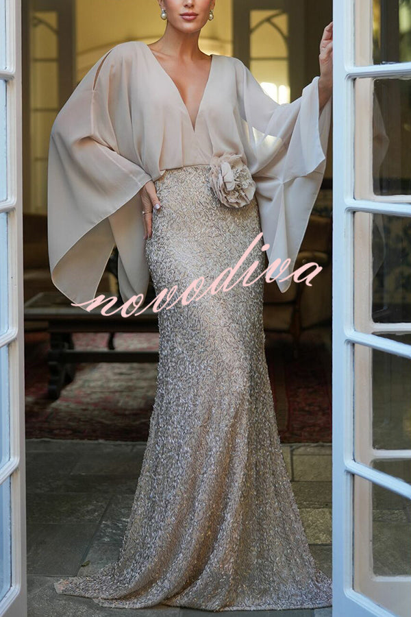 Aleina Chiffon Batwing Sleeve Flower Embroidered Waist Sequin Fabric novodiva Aleina Chiffon Batwing Sleeve Flower Embroidered Waist Sequin Fabric novodiva