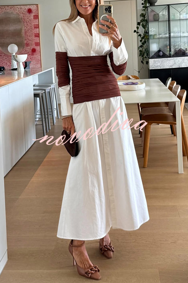 Fashionable Pleated Contrast Patchwork Waist Long Sleeve Button Shirt Maxi Dress