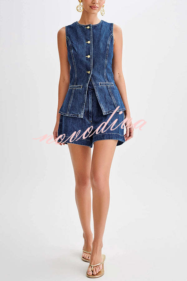 Abel Denim Button Up Princess Seams Pocket Vest Top