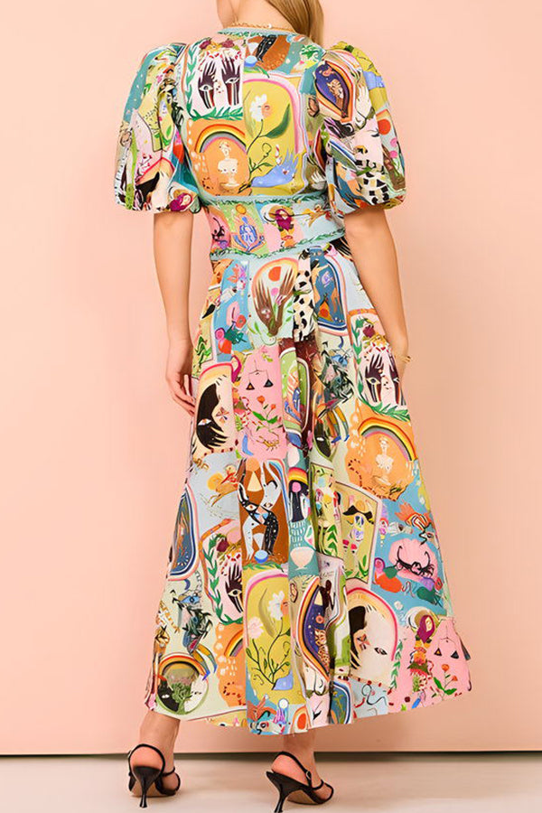 Exquisite Unique Printed V Neck Puff Sleeve Maxi Dress