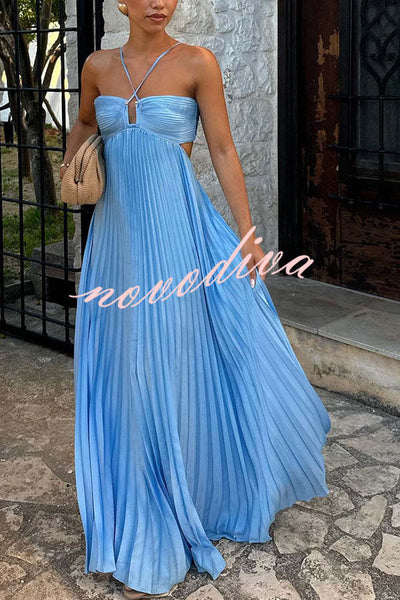 Caught Your Eyes Satin Pleated Cross Straps Cutout Flowing Maxi Dress