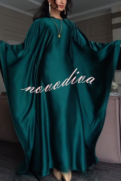 Dignified and Elegant Satin Batwing Sleeve with Waist Tie Design A-line Maxi Dress