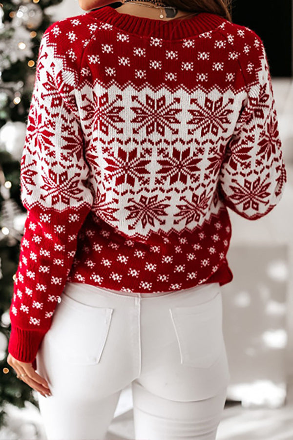 Christmas Pattern Knitted Crew Neck Long Sleeved Sweater