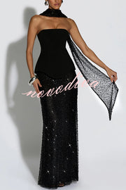 Oakley Corset Strapless Top and Sequin High Rise Maxi Skirt Scarf Set