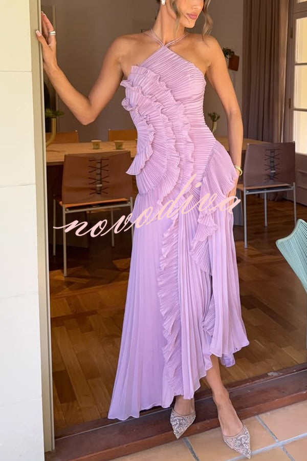 Dream Ode Lily Pad Style Pleats and Ruffles Halter Gown Maxi Dress