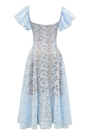 Romantic Atmosphere Bluebell Lace Butterfly Sleeve Sweetheart Neck Stretch Midi Dress