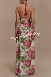 Elegance and Romance Chiffon Printed Rose Applique Cowl Neck Maxi Dress