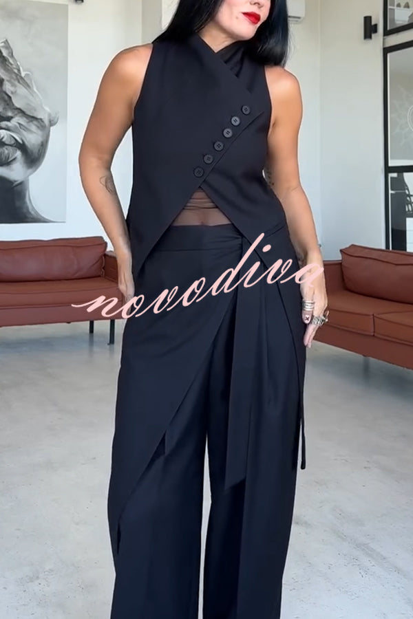 Urban Charm High Stand-up Collar Oblique Buckle Design Sleeveless Vest