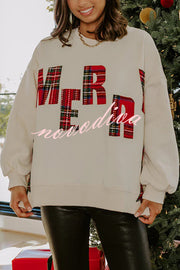 Merry Plaid Embroidered Bow Long-Sleeve Loose Sweatshirt