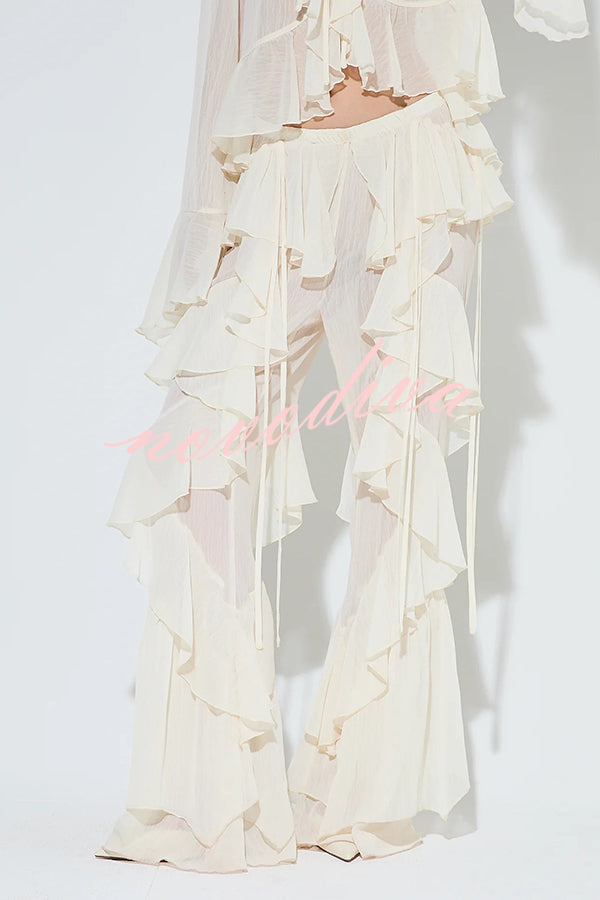 Fashionable Ruffled Elastic Waist Holiday Style Flared Pants