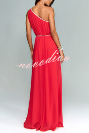 Elly One Shoulder Rhinestone Details Removable Belt A-line Maxi Dress