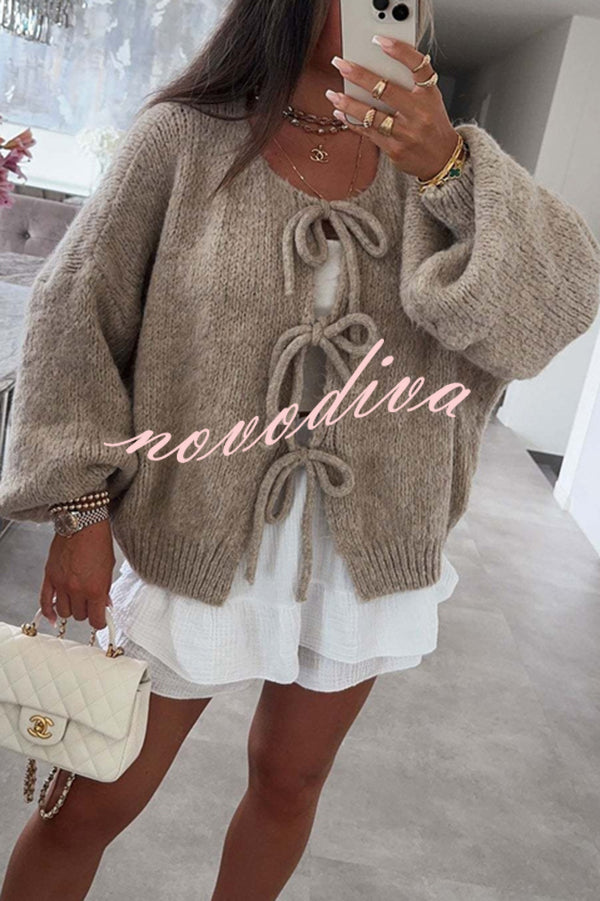 Solid Color Long-sleeved V-neck Lace-up Loose Knitted Sweater
