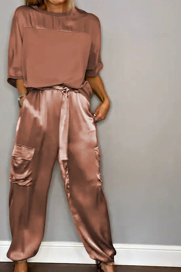 Calissa Smooth Satin Half-sleeved Top and Elastic Waist Pocket Pants Set