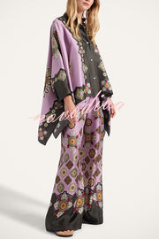 Satin Unique Print Loose Batwing Sleeve Top and Elastic Waist Pocket Casual Wide-leg Pants Set