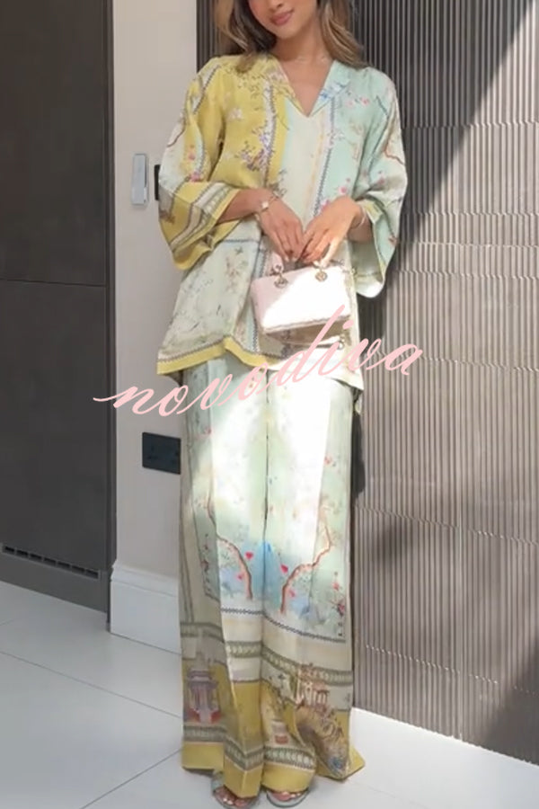 Elonie Satin Floral Print V-neck Half Sleeve Top and Elastic Waist Wide Leg Pants Set